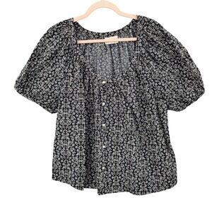 Universal Thread Women Cottagecore Boho Puff Sleeve Blouse XXL Black Floral Top